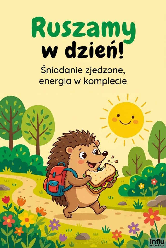 Kreskówkowy jeż z kanapką idący ścieżką w słońcu z napisem „Ruszamy w dzień!".