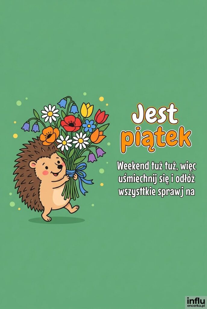 Ilustracja jeżyka z bukietem kwiatów na zielonym tle z napisem Jest piątek