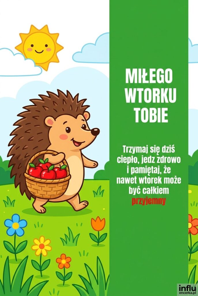 Rysunkowy jeżyk z koszem jabłek na łące z napisem Miłego wtorku Tobie