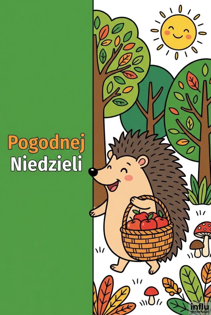 Kolorowy jeżyk z koszyczkiem jabłek na tle lasu z napisem „Pogodnej Niedzieli".