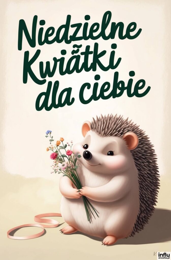 Uśmiechnięty jeż trzymający kolorowy bukiet kwiatów polnych, z napisem „Niedzielne Kwiatki dla ciebie”