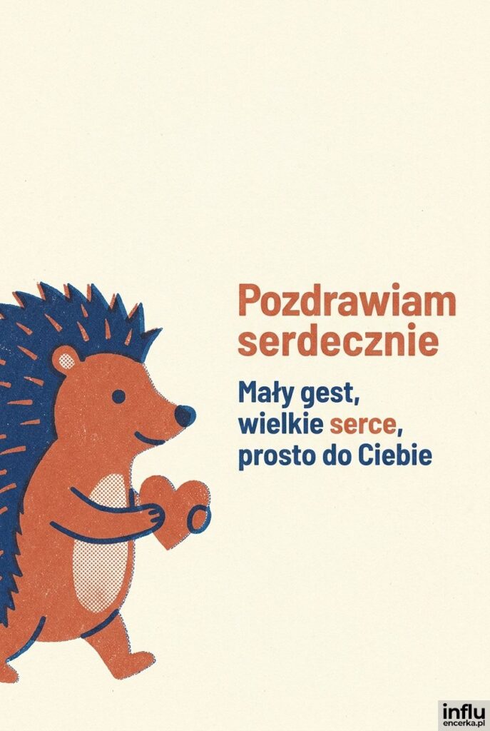 Ilustracja jeżyka niosącego serce w stylu sitodruku z napisem Pozdrawiam serdecznie