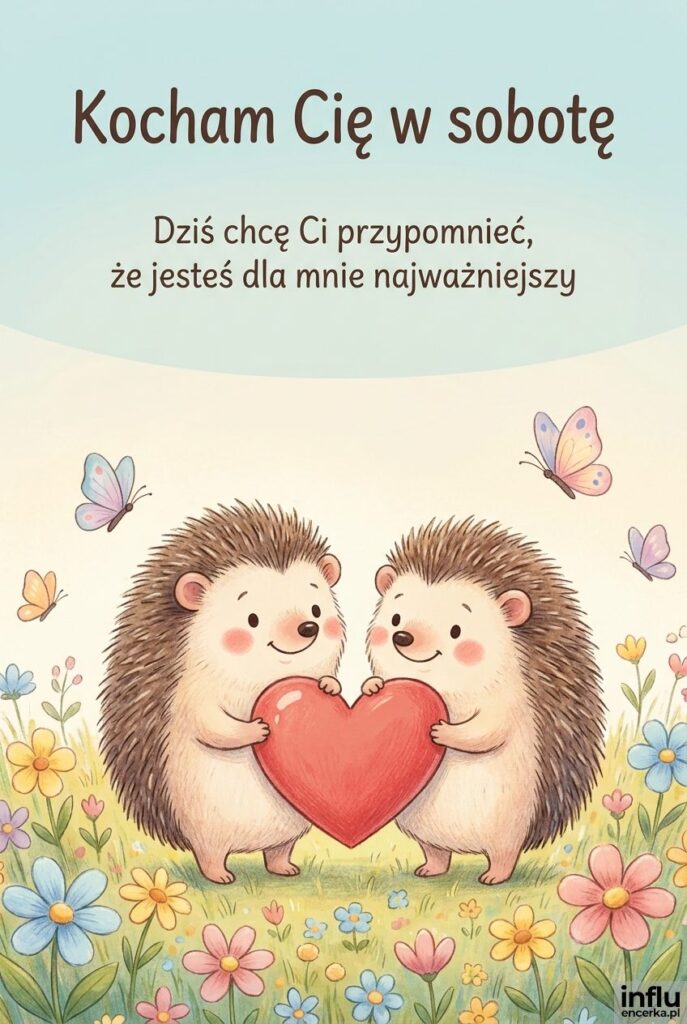 Dwa jeżyki trzymające czerwone serce na łące z motylami i napisem Kocham Cię w sobotę.