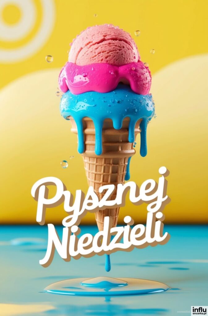 Lody w waflowym rożku z różową gałką i spływającym niebieskim sosem na żółto-niebieskim tle z napisem „Pysznej Niedzieli”