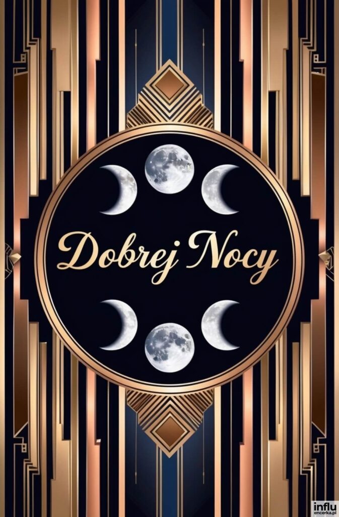 Czarne okrągłe pole z fazami księżyca ułożonymi w krąg i złotym napisem „Dobrej Nocy”