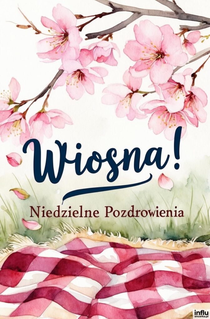 Akwarelowa ilustracja z różowymi kwiatami wiśni na gałęzi, piknikowym kocem w kratę na trawie i napisami „Wiosna!”