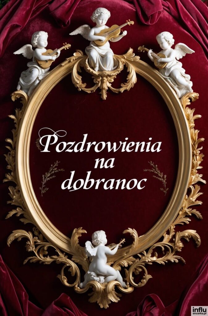 Złota owalna rama zdobiona barokowymi ornamentami i białymi aniołkami grającymi na lutniach, na tle bordowego aksamitu, z napisem „Pozdrowienia na dobranoc”