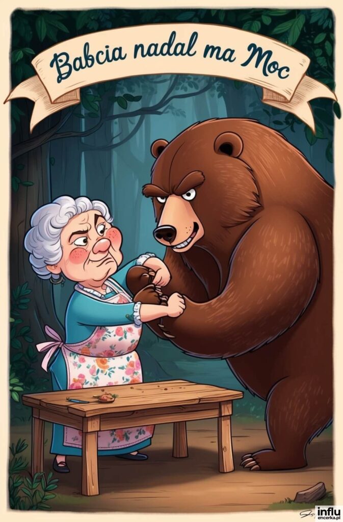 Ilustracja w stylu kreskówki: siwa babcia w fartuchu mocuje się z dużym niedźwiedziem w lesie, u góry napis „Babcia nadal ma Moc”
