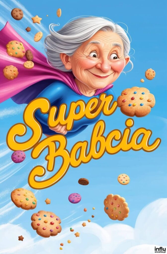 Uśmiechnięta babcia w niebieskim stroju superbohatera z różową peleryną leci przez błękitne niebo pośród ciasteczek, a złoty napis głosi „Super Babcia”