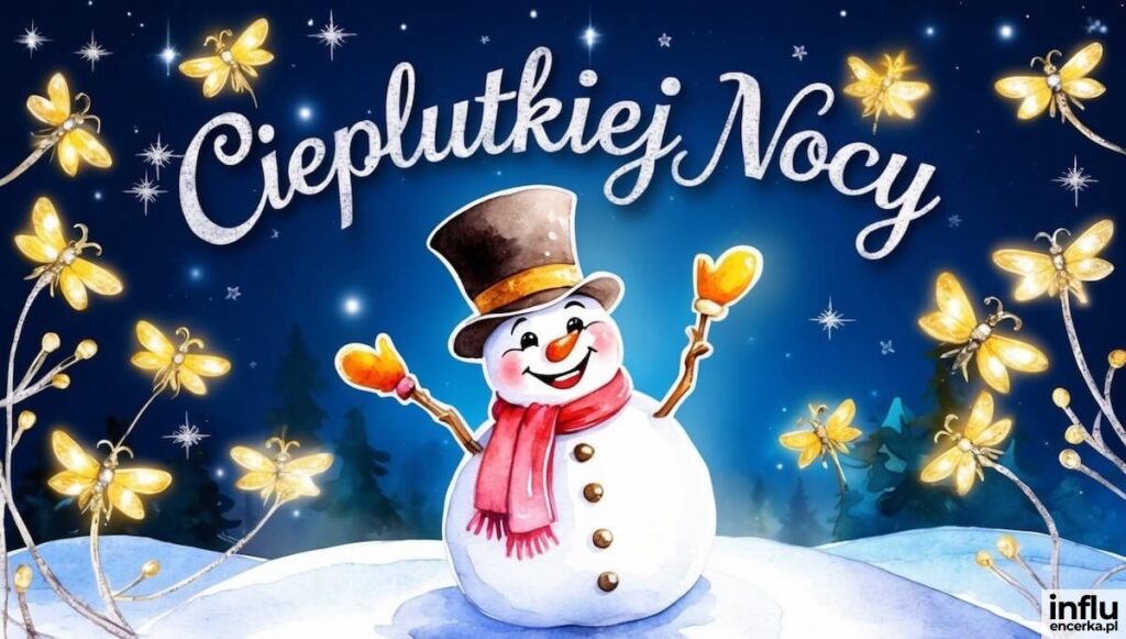 Uśmiechnięty bałwan w cylindrze i czerwonym szaliku wśród złotych ważek na tle granatowego nieba, z napisem „Cieplutkiej Nocy”