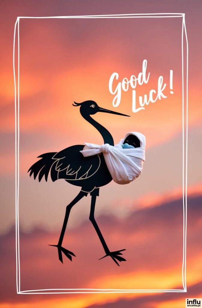 Sylwetka bociana niosącego niemowlę zawiniątko na tle różowo-pomarańczowego zachodu słońca, z napisem „Good Luck!”