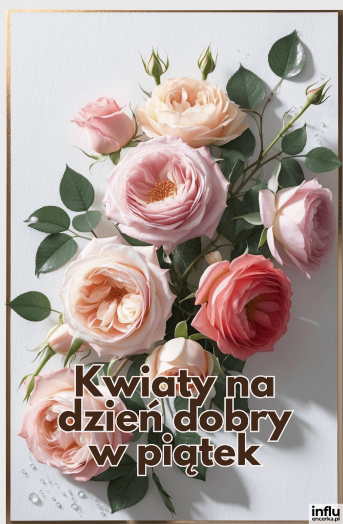 Bukiet pastelowych i różowych róż angielskich na jasnym tle z napisem „Kwiaty na dzień dobry w piątek”