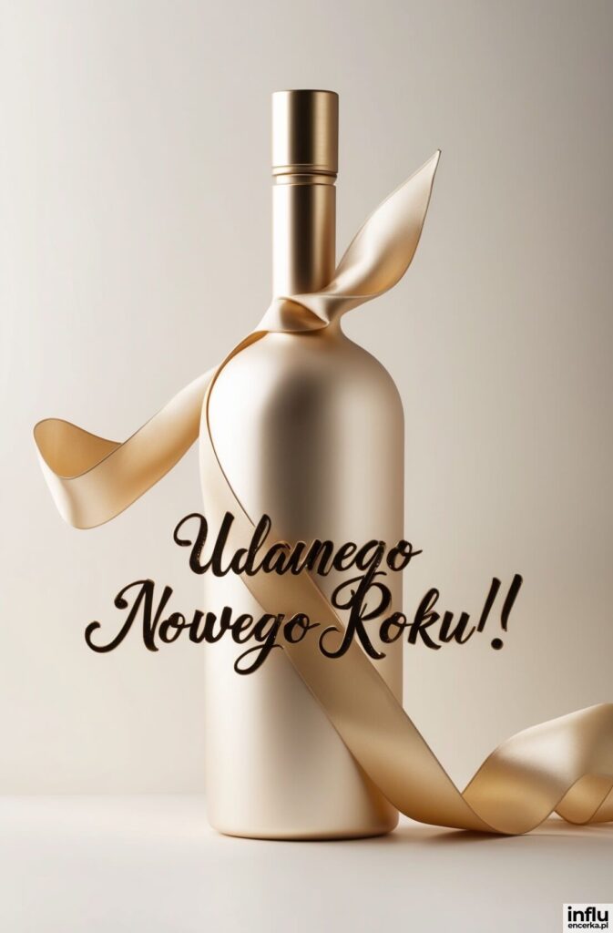 Kremowa butelka przewiązana złotą wstążką z napisem „Udanego Nowego Roku!!”