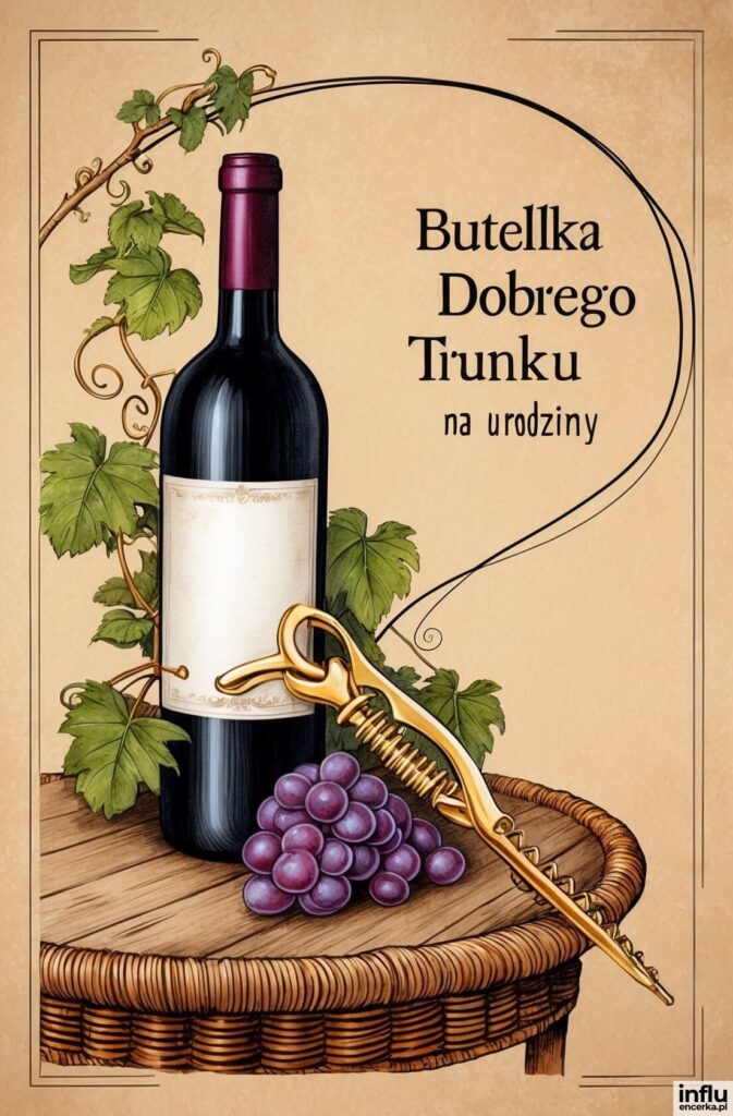 Ilustracja butelki czerwonego wina z winogronami i korkociągiem na beczce, napis „Butelka dobrego trunku na urodziny”.
