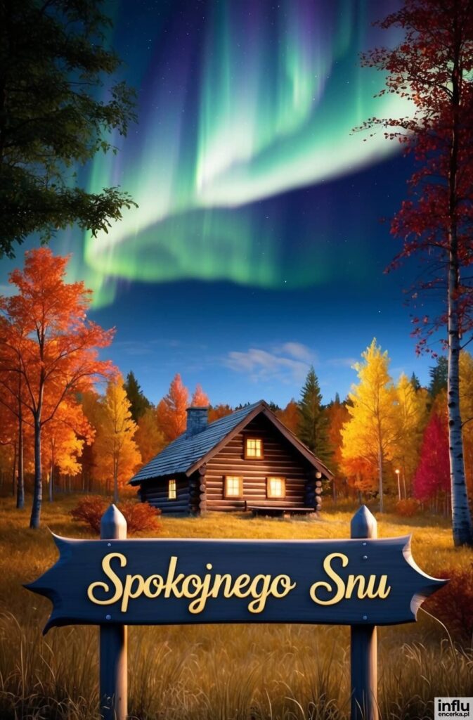 Drewniana chata w jesiennym lesie pod zorzą polarną nocą, z tablicą z napisem „Spokojnego Snu”