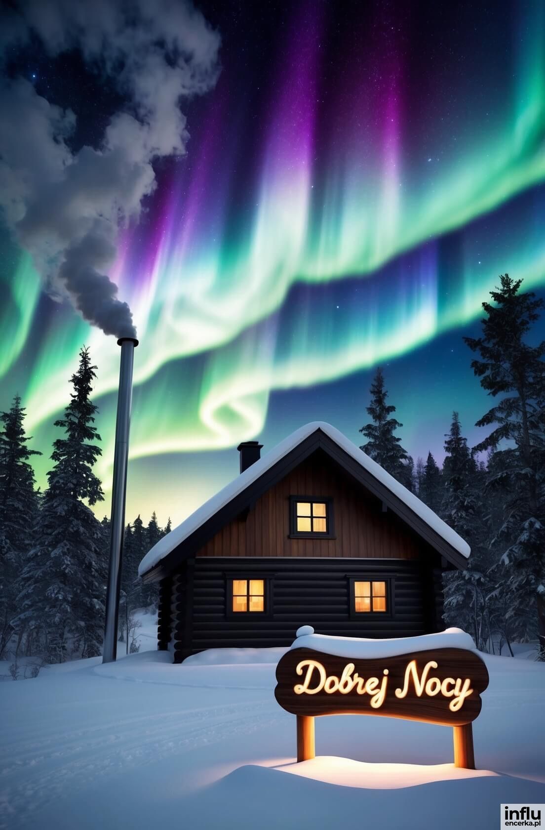 Kartka, chatka, zorza, tabliczka: dobrej nocy