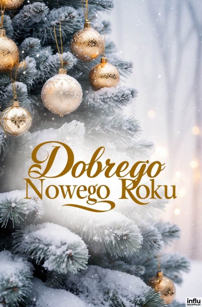Ośnieżona choinka ozdobiona złoto-białymi bombkami na tle zimowego pejzażu z napisem „Dobrego Nowego Roku”