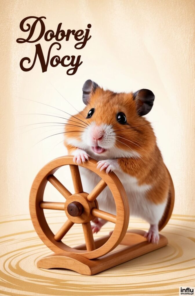 Rudy chomik oparty o drewniane kółko z napisem „Dobrej Nocy”