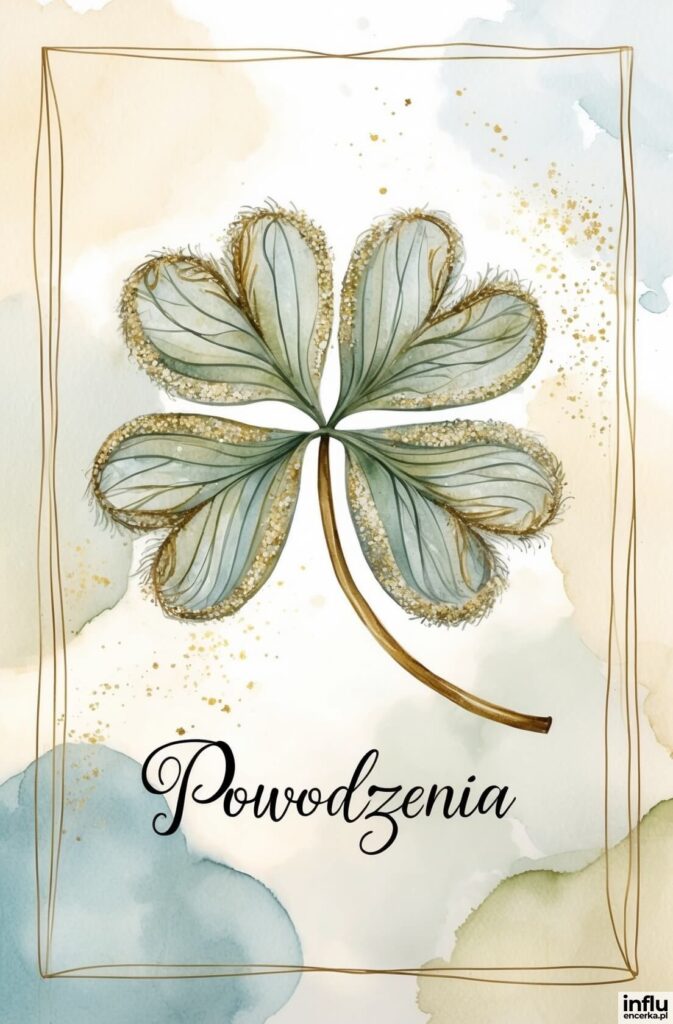 Akwarelowa ilustracja czterolistnej koniczyny obramowanej złotym brokatem na jasnym tle z napisem „Powodzenia”