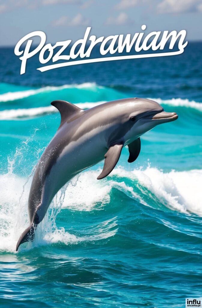 Delfin wyskakujący z turkusowych fal oceanu z napisem „Pozdrawiam”