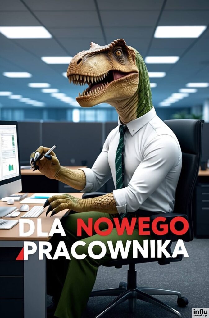 Dinozaur w białej koszuli i zielonym krawacie siedzi przy biurku z komputerem w biurze, napis „DLA NOWEGO PRACOWNIKA”