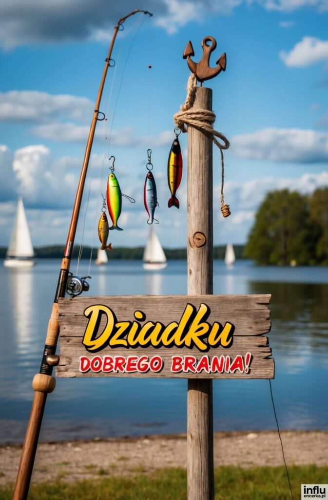 Wędka, drewniana tabliczka z napisem „Dziadku DOBREGO BRANIA!”