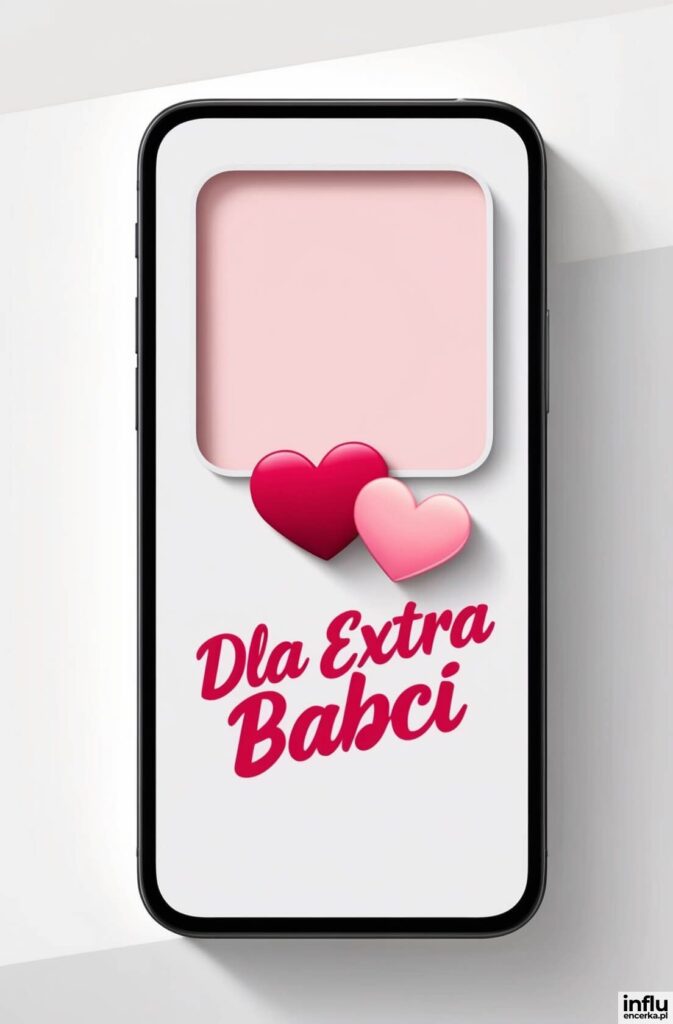 Ekran smartfona z różowym polem na zdjęcie, dwiema sercami w odcieniach różu i karmazynu oraz napisem „Dla Extra Babci”