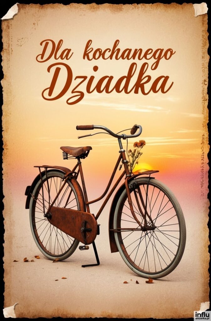 Stary rdzawy rower z kwiatami w koszyku na tle zachodzącego słońca, napis „Dla kochanego Dziadka”