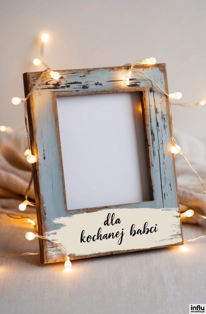 Postarzana drewniana ramka w kolorze błękitno-brązowym z napisem „dla kochanej babci”
