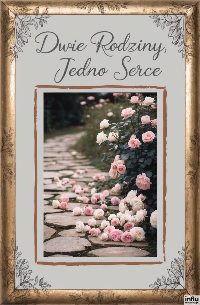 Złota ramka z napisem „Dwie Rodziny, Jedno Serce”