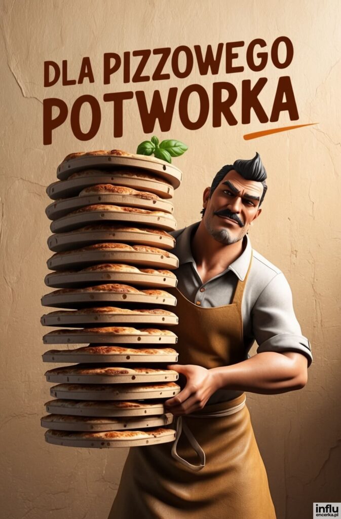 Animowany kucharz w fartuchu trzyma ogromną wieżę pudełek z pizzą, napis „Dla pizzowego potworka”