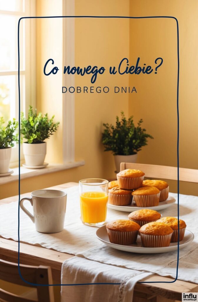 Słoneczny stół śniadaniowy z muffinami, sokiem pomarańczowym i kubkiem kawy, z napisami „Co nowego u Ciebie?”