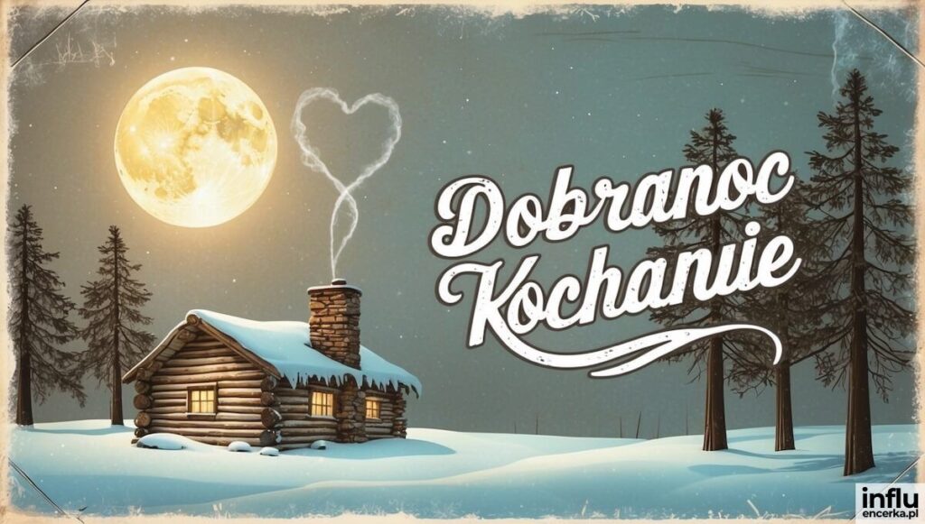 Śnieżna chatka z kominkiem, z którego dym układa się w serce, w blasku pełni księżyca — napis „Dobranoc Kochanie”