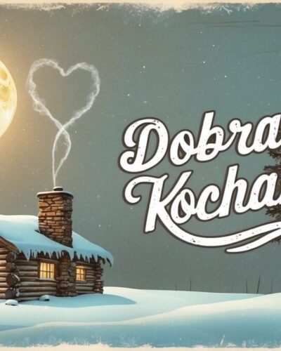 Śnieżna chatka z kominkiem, z którego dym układa się w serce, w blasku pełni księżyca — napis „Dobranoc Kochanie”