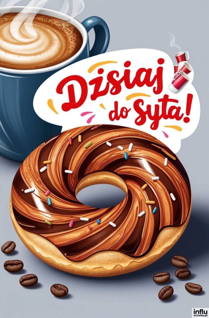Pączek z czekoladową polewą i kolorowymi posypkami obok kubka kawy latte, z napisem „Dzisiaj do syta!”