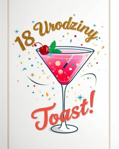 Kieliszek koktajlowy z różowym drinkiem i wiśnią, otoczony konfetti, z napisami „18 Urodziny”