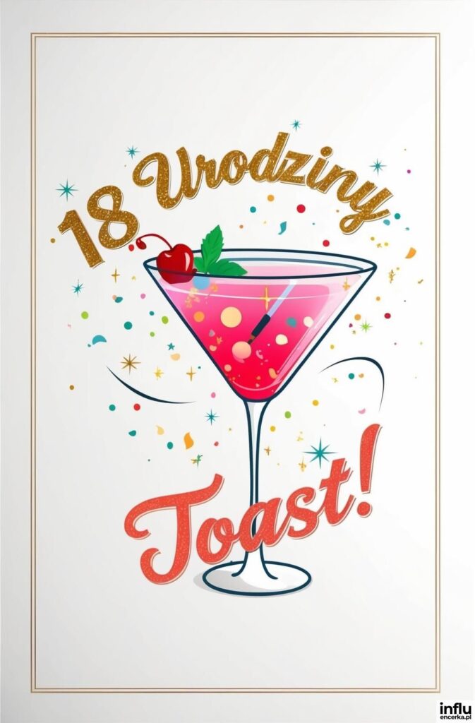 Kieliszek koktajlowy z różowym drinkiem i wiśnią, otoczony konfetti, z napisami „18 Urodziny”
