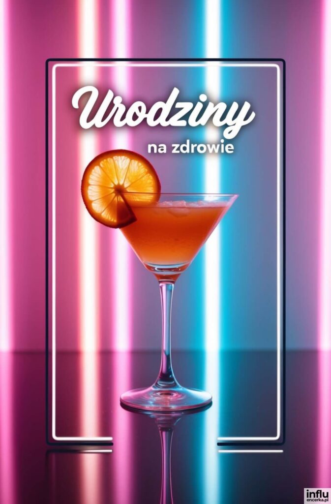 Pomarańczowy koktajl w kieliszku martini z plasterkiem cytrusa na tle neonów, napis „Urodziny — na zdrowie”.