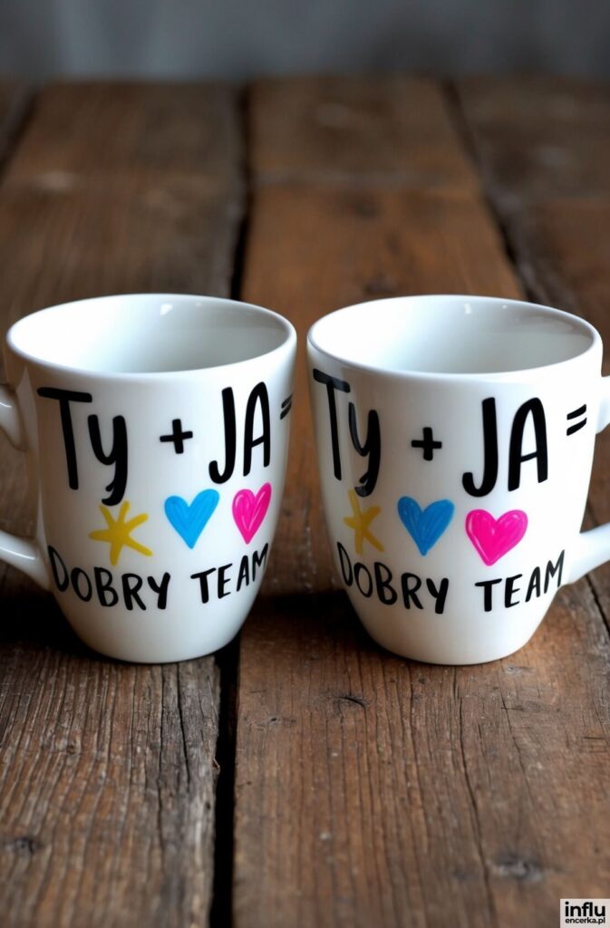 Dwa białe kubki z napisem „Ty + JA = DOBRY TEAM”
