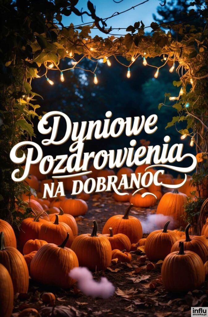 Dyniowe pole wieczorem oświetlone girlandami żarówek, pośród dyń napis „Dyniowe Pozdrowienia na dobranoc”