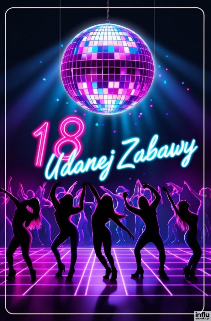 Kula disco rzuca neonowe refleksy na parkiet, tłum tańczących sylwetek i napis „18 Udanej Zabawy”