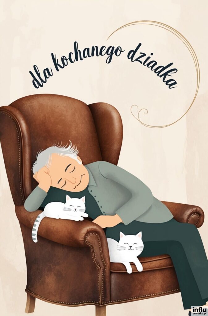 Ilustracja przedstawiająca starszego mężczyznę śpiącego w brązowym skórzanym fotelu z dwoma białymi kotami, z napisem „dla kochanego dziadka”