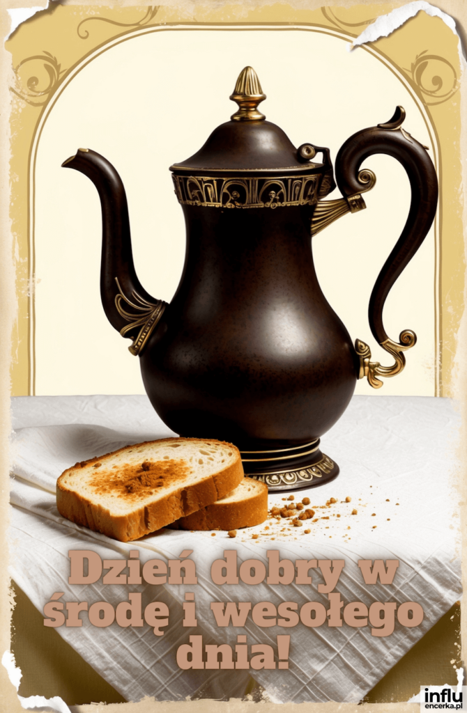 Czarny imbryk z mosiężnymi zdobieniami i dwie kromki tostowego chleba na białym obrusie, napis „Dzień dobry w środę i wesołego dnia!”