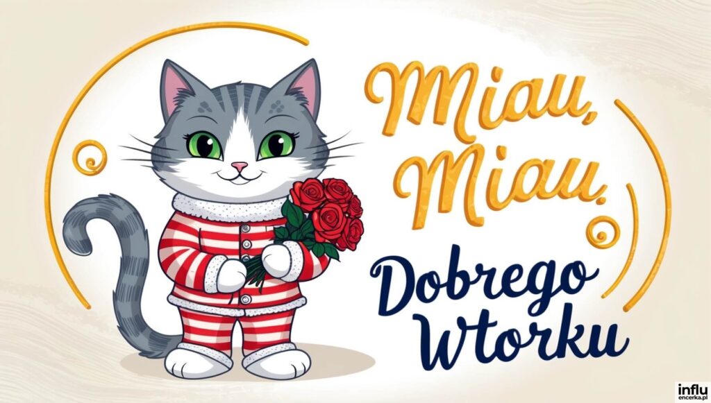 Rysunkowy szary kot w czerwonej piżamce trzyma bukiet czerwonych róż, obok złoty napis „Miau, Miau”