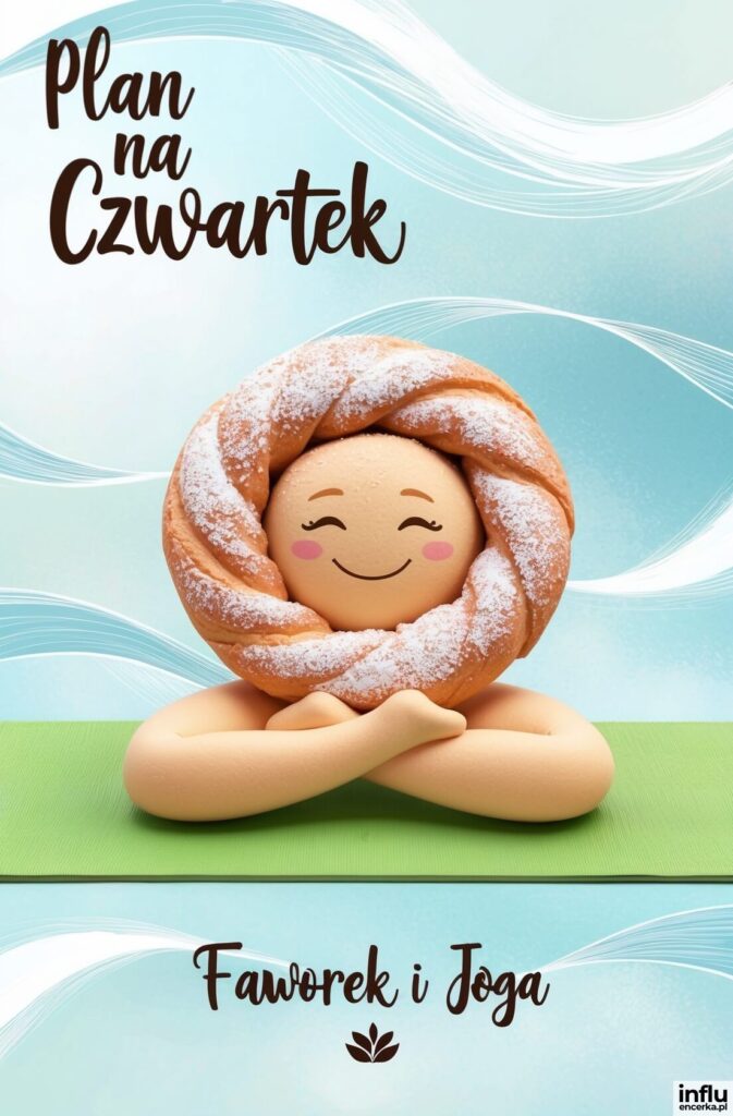 Uśmiechnięta figurka w pozycji jogi z głową w kształcie faworka posypanego cukrem pudrem, napisy „Plan na Czwartek”