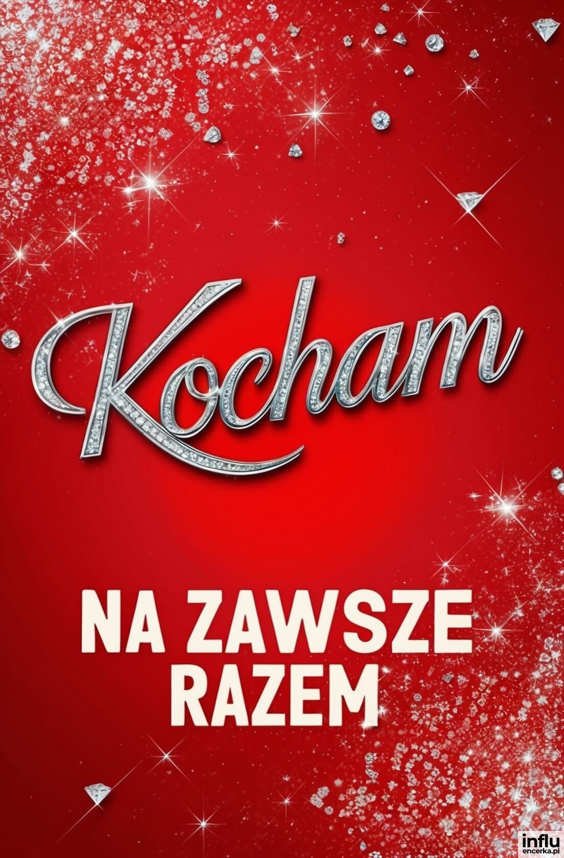 Kartka glamour, czerwone tło, diamenty, Kocham - na zawsze razem