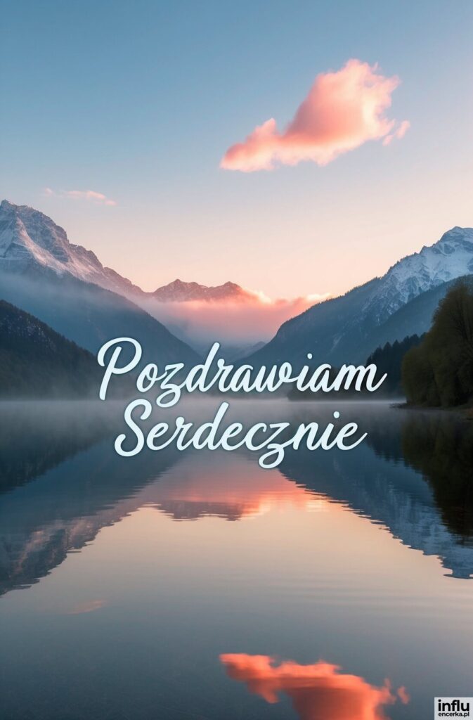 Górskie jezioro o świcie z różowymi chmurami i odbiciem szczytów w wodzie, z napisem „Pozdrawiam Serdecznie”