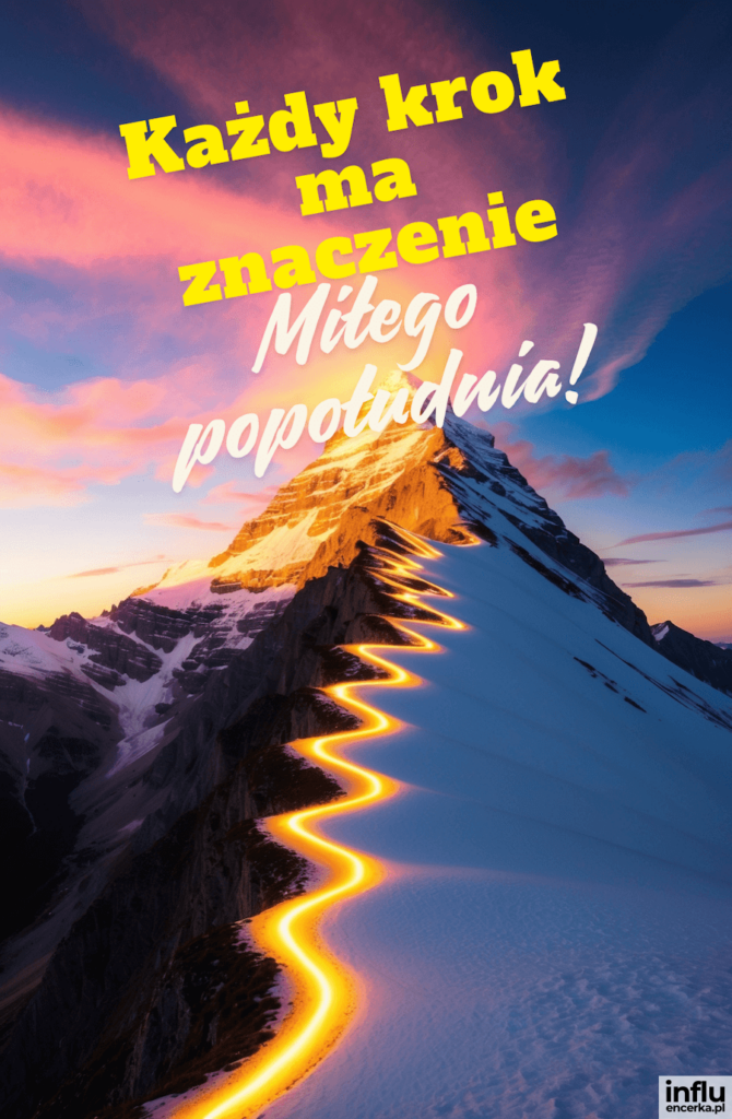 Ośnieżony szczyt górski o zachodzie słońca ze świetlistą, krętą ścieżką i napisami „Każdy krok ma znaczenie”