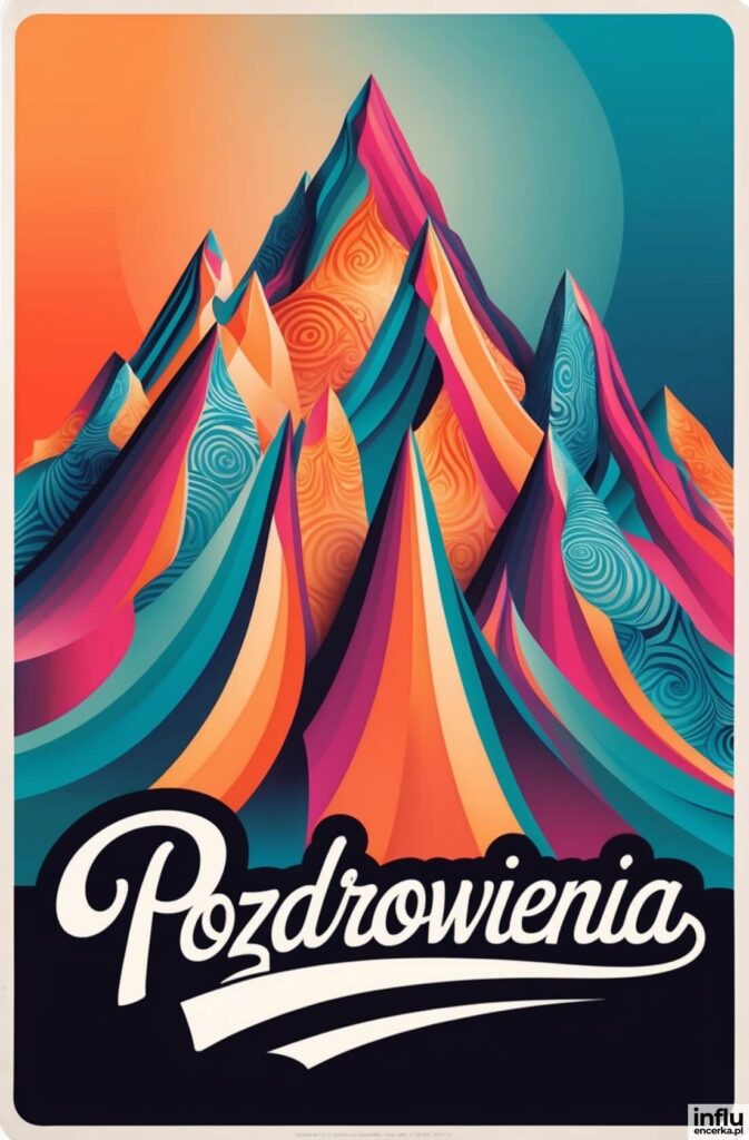 Stylizowany plakat z kolorowymi górami w odcieniach pomarańczu, różu i turkusu oraz białym napisem „Pozdrowienia”