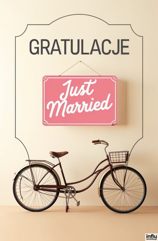 Retro rower na kremowym tle, nad nim tabliczka „Just Married”